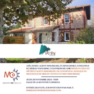 ✨ Rejoignez-nous pour la prochaine conférence Mimizan Connexion ! ✨ 📅 Jeudi 28 novembre 2024 🕒 07h30 📍 Salle de la Rotonde, Mimizan 🎙️ Au programme : • Joël nous présentera son activité d'agent immobilier affilié au réseau @papsimmo • Denis Dehez, fondateur du réseau, partagera les valeurs et spécificités de PAPs Immo. • Ensemble, ils expliqueront le processus de mise à la vente d’un bien immobilier. 🏡 🤝 Une occasion unique de découvrir le secteur immobilier, de rencontrer des professionnels locaux et d’échanger dans un cadre convivial. 📩 Réservez votre place dès maintenant à mimizanconnexion@gmail.com. Nous avons hâte de vous retrouver ! 💬